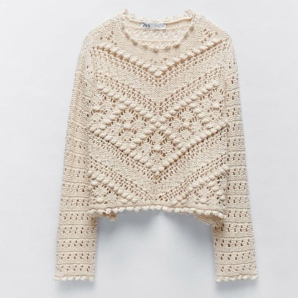 Zara Textured Knit Sweater Cream Small - Picture 2 of 9